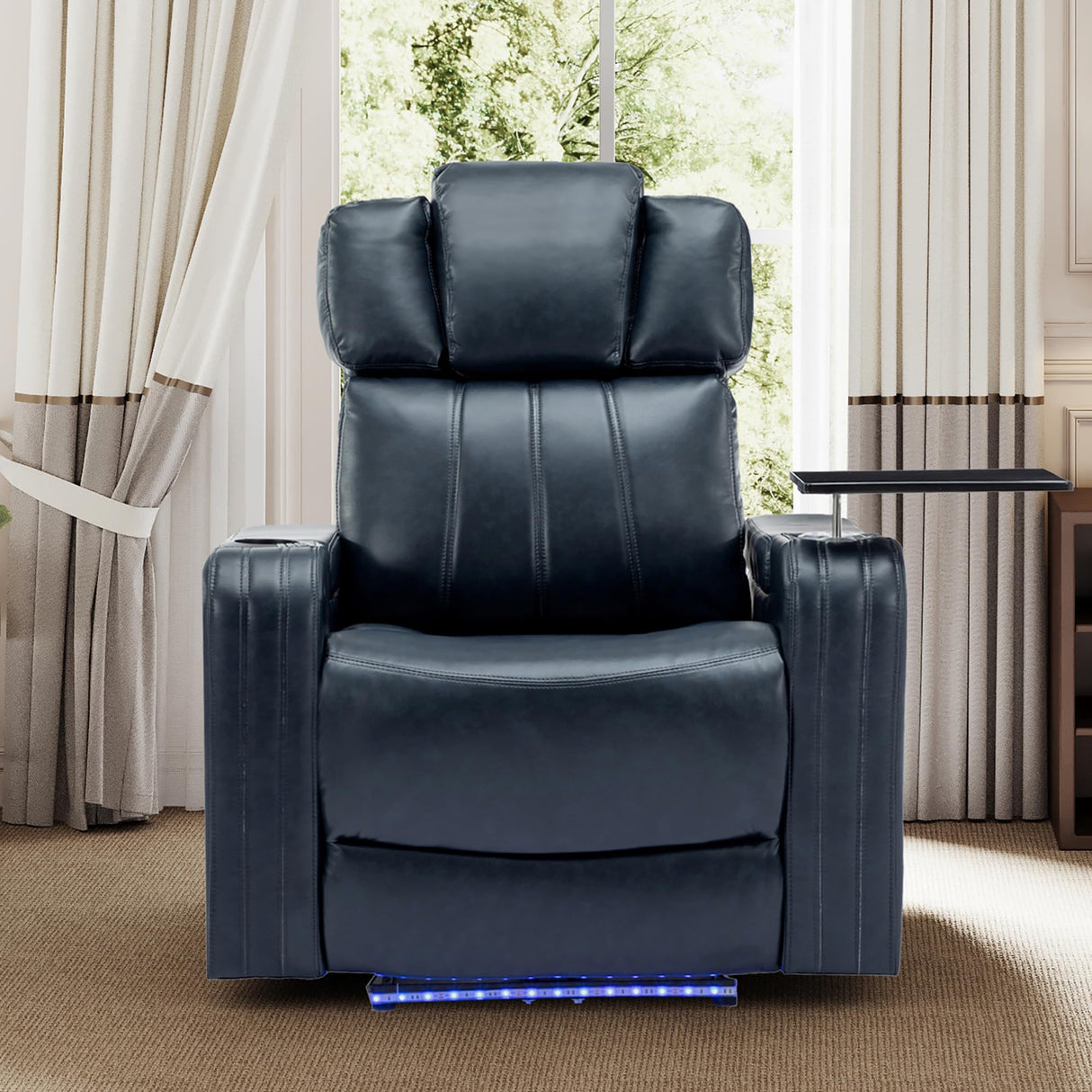 P PURLOVE Power Motion Recliner Chair for Home, PU Electric Recliner with Cooling Cup Holder, Bluetooth Speaker and LED Lights, Home Theater Seating with USB Ports, Tray Table and Arm Storage, Blue P PURLOVE