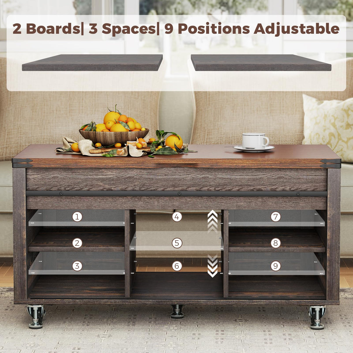 Turosur Lift Top Coffee Table with Storage, 4 in 1 Farmhouse Coffee Table with Lockable Rolling Wheels and Hidden Compartment, Center Table with 4 Sliding Barn Door for Living Room Turosur