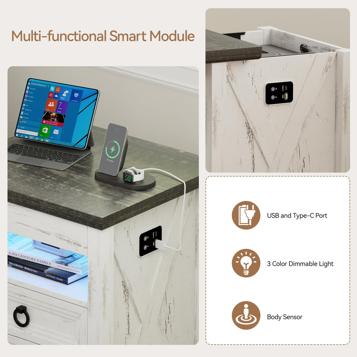 Lvifur Farmhouse Nightstand with Gun Drawer, Human Sensor LED Bedside Table with LED Lights & Charging Station, Rustic Wood Sofa Side End Table with 3 Drawers for Bedroom (Antique White) Lvifur