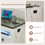 Lvifur Farmhouse Nightstand with Gun Drawer, Human Sensor LED Bedside Table with LED Lights & Charging Station, Rustic Wood Sofa Side End Table with 3 Drawers for Bedroom (Antique White) Lvifur