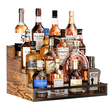 Yuzehuaza 4 Step Countertop Liquor Bottle Display Shelf, Wood Bar Shelves 16 Bottles with Fences, Freestanding Storage Shelves for Liquor Whiskey Wine Coffee Syrup Display, Retro Wine Rack Home Yuzehuaza