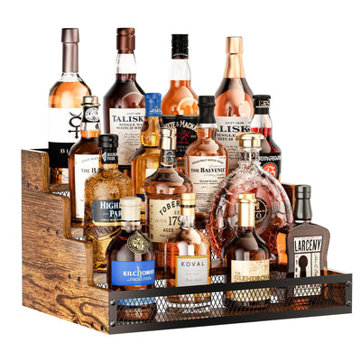 Yuzehuaza 4 Step Countertop Liquor Bottle Display Shelf, Wood Bar Shelves 16 Bottles with Fences, Freestanding Storage Shelves for Liquor Whiskey Wine Coffee Syrup Display, Retro Wine Rack Home