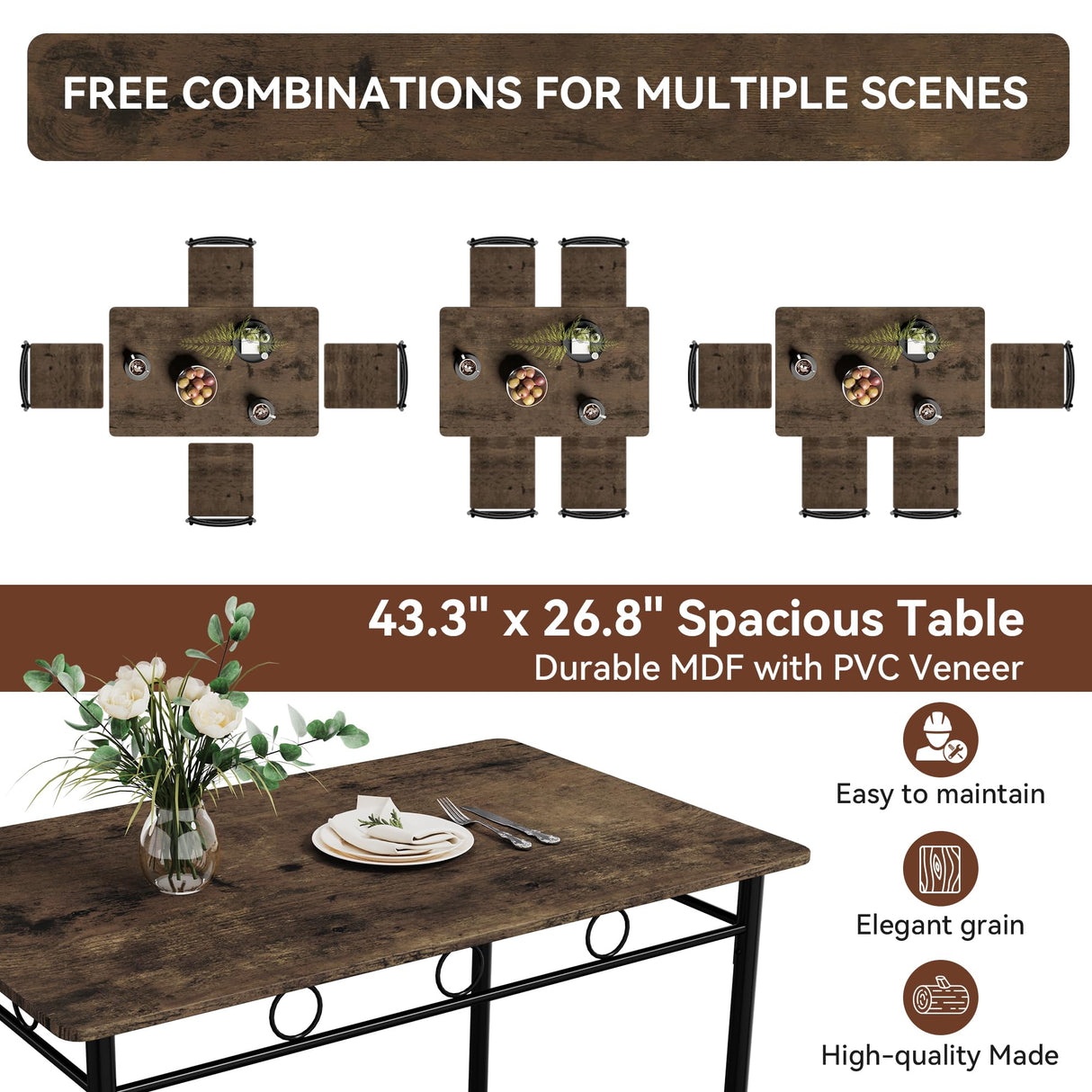 Vipbear Kitchen Dining Table Set for 4, 5-Piece Kitchen Table Set,Dining Room Table Sets,Rectangular Kitchen Table Set with 4 Chairs for Small Space, Dinette,Apartment, Rustic Brown Vipbear