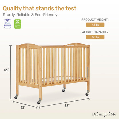 Dream On Me Folding Full Size Convenience Crib In Natural, Two Adjustable Mattress Height Positions, Comes With Heavy Duty Locking Wheels, Flat Folding