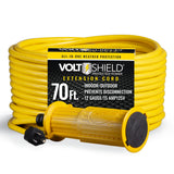 VoltShield 70 ft 12/3 SJTW Heavy Duty All-In-One Weather Protection Extension Cord, Water, Weather & Kink Resistant, Flame Retardant, Yellow, 3 Prong Grounded Plug, Locks Cord Preventing Disconnection VoltShield