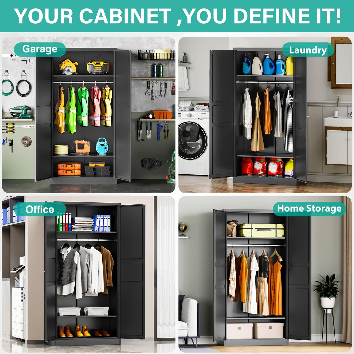 SISESOL Metal Wardrobe Cabinet with Hanging Rod,Black Armoire Wardrobe Closet,Metal Clothing Storage Cabinet with Adjustable Shelves and Doors,72" Cloth Storage Cabinets for Home,Living/Laundry Room SISESOL