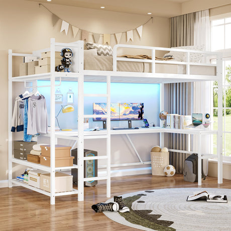 Itaar Twin Loft Bed with L-Shaped Desk, LED Lights and Charging Sation, Loft Bed Twin Size with 3-Tier Storage Shelves and Clothes Rail, Safety Guard & Ladder, No Box Spring Needed, White Itaar