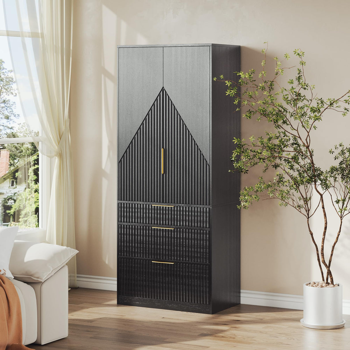 71.7" Wardrobe Armoire Wooden Closet with 2 Doors and 3 Drawers, Bedroom Armoire with Hanging Rod Shelf, Large Capacity Storage Wardrobe Armoire, Freestanding Wooden Closet Storage Cabinet Black TOKSOM