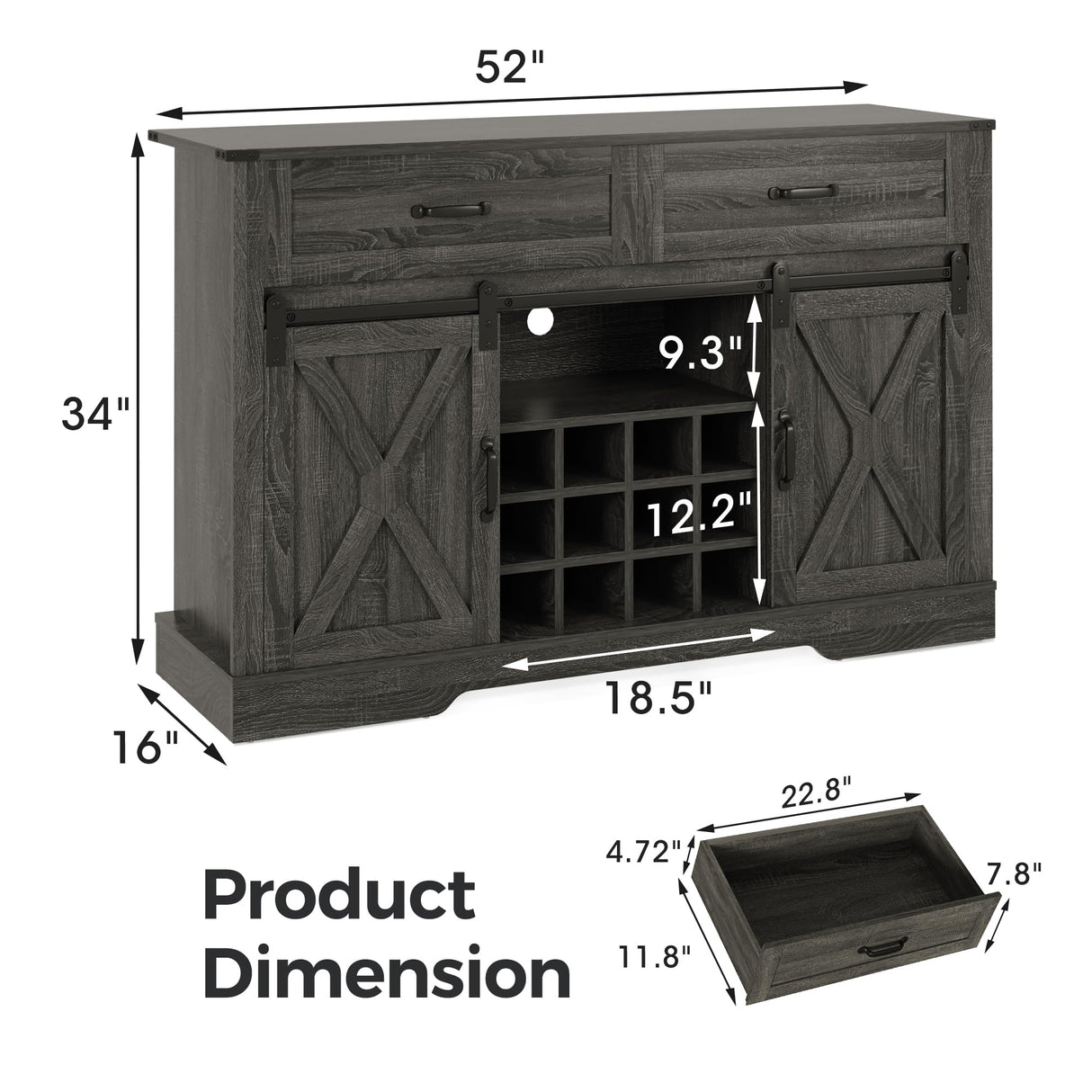 RoyalCraft 52'' Wine Bar Cabinet with Storage, Farmhouse Liquor Coffee Bar Cabinet for Home, Large Buffet Table with Drawers, Sliding Barn Door, Wine & Glass Rack, Dining Room, Rustic Dark Grey RoyalCraft