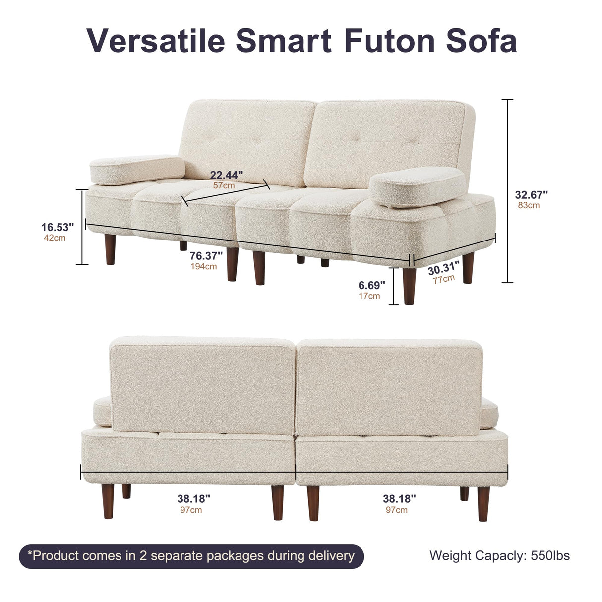 Furnify Cloud Couch, 76" Loveseat Sofa Bed with Removable Armrest, Boucle Sherpa Sofa Bed, Comfy Upholstered Sleeper Sofa for Living Room, Bedroom, Office, Beige Teddy Furnify