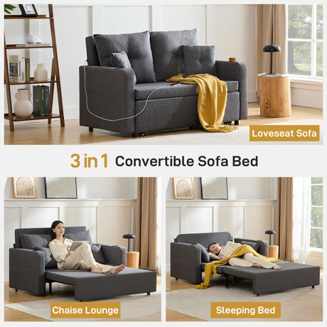 Busaurus 3 in 1 Convertible Sofa Bed, 56" Full Size Loveseat Sleeper Sofa Couch Bed, Sleeper Sofa Bed with Storage Pocket, USB, Comfy Pull Out Sofa Bed for Living Room, Bedroom, Small Space, Dark Grey Busaurus