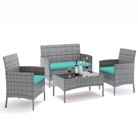 VONZOY Patio Furniture Set 4 Pieces Small, Belcony Furniture Outdoor Wicker Patio Conversation Set for Backyard,Porch, Deck,Garden,Poolside and Balcony (Turquoise) VONZOY