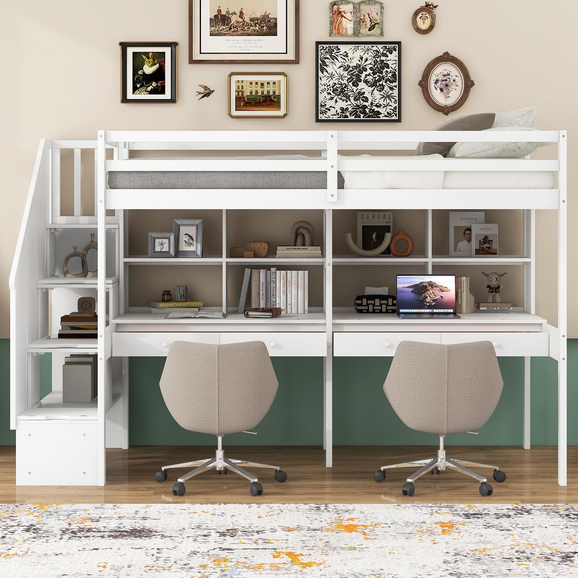 Harper & Bright Designs Twin Loft Bed with Stairs and Double Desks in White - Versatile Storage Solution for Kids - WoodArtSupply