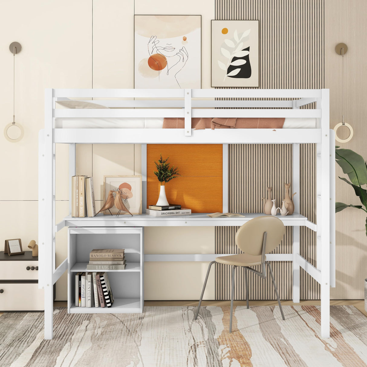 Bellemave Twin Loft Bed with Desk and Storage – Solid Wood Frame in White Bellemave