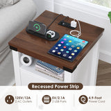 Airynee Nightstand with Charging Station, Farmhouse Nightstand with LED Lights, Modern Rustic Side Table with 2 Storage Drawers, Wooden End Table for Bedroom, Antique White Airynee