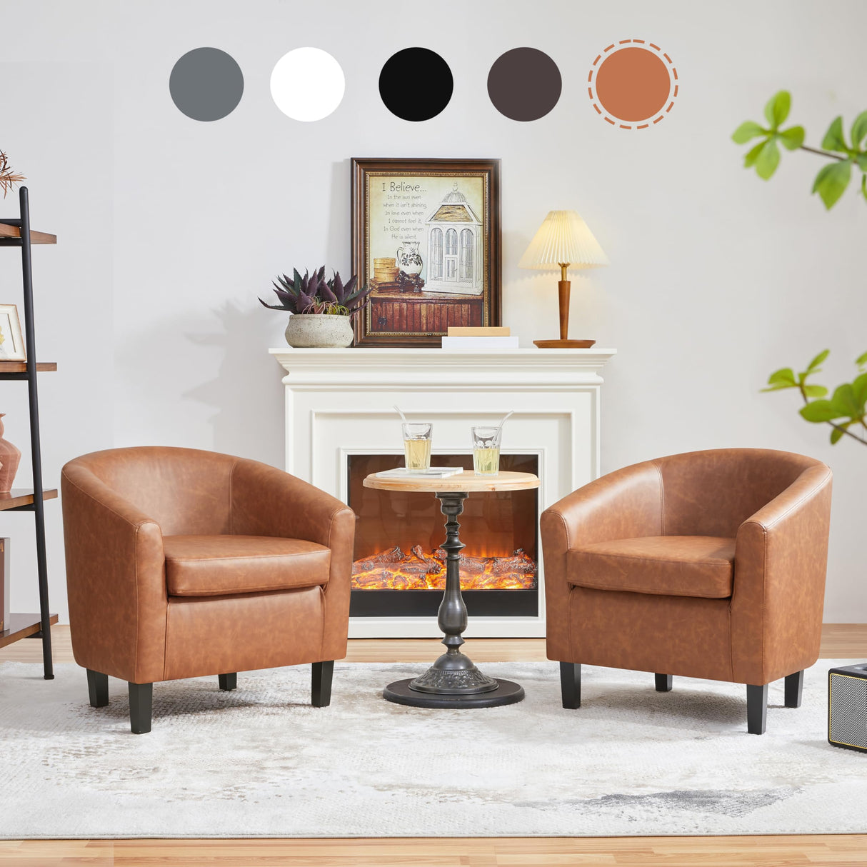 Yaheetech Brown Accent Chairs Set of 2, Faux Leather Barrel Chairs, Comfy Modern Leather Club Armchairs with Soft Seat for Living Room Bedroom Reading Waiting Room, Brown Yaheetech