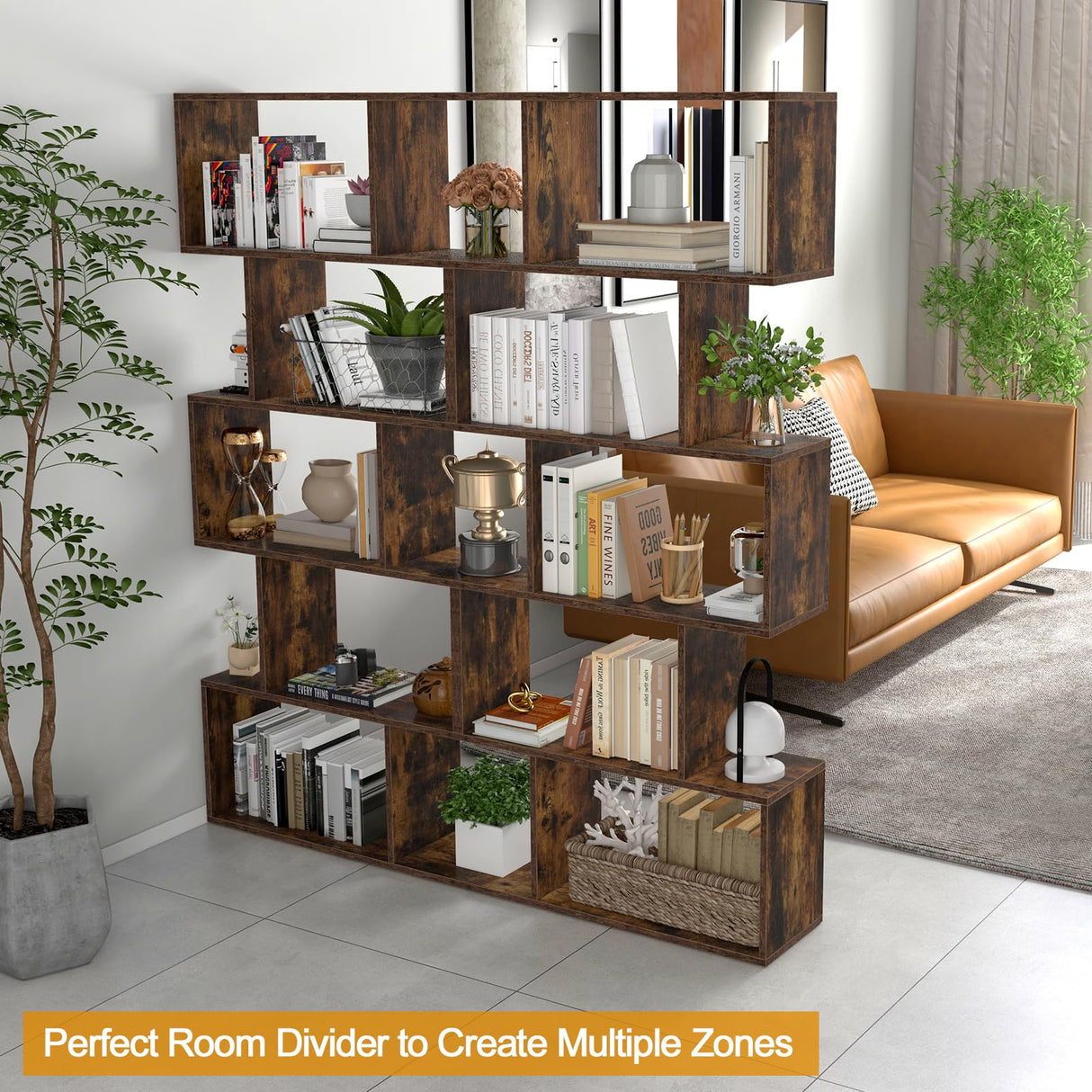 Tangkula 5-Tier S-Shaped Bookshelf - Rustic Brown Geometric Display & Room Divider Tangkula