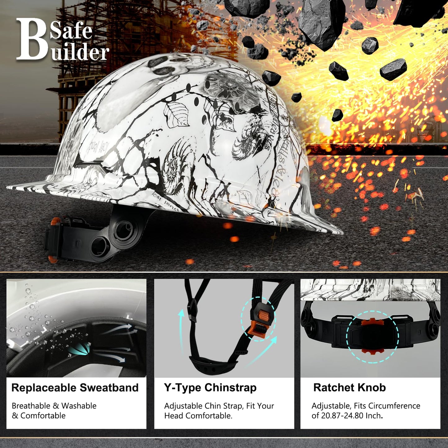 SAFEBUILDER SBD-G1C Construction Full Brim Safety Helmet HDPE Hard Hat Vented OSHA Approved Hardhats Sunshade Carbon Fiber Pattern Industrial Work Certified ANSI/ISEA Z89.1 (Shh Full Brim Hard Hat)