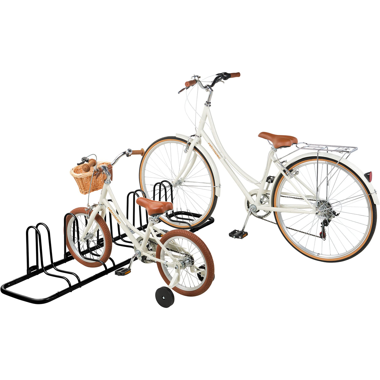 Retrospec Stash Rack 2, 4 & 5 Bike Floor Stand Bicycle Storage Organizer for Mountain Bike, Road Bike, Weather Resistant Fine Powder Steel Coating Fits Wheels up to 3", Black, 5 Bike Retrospec