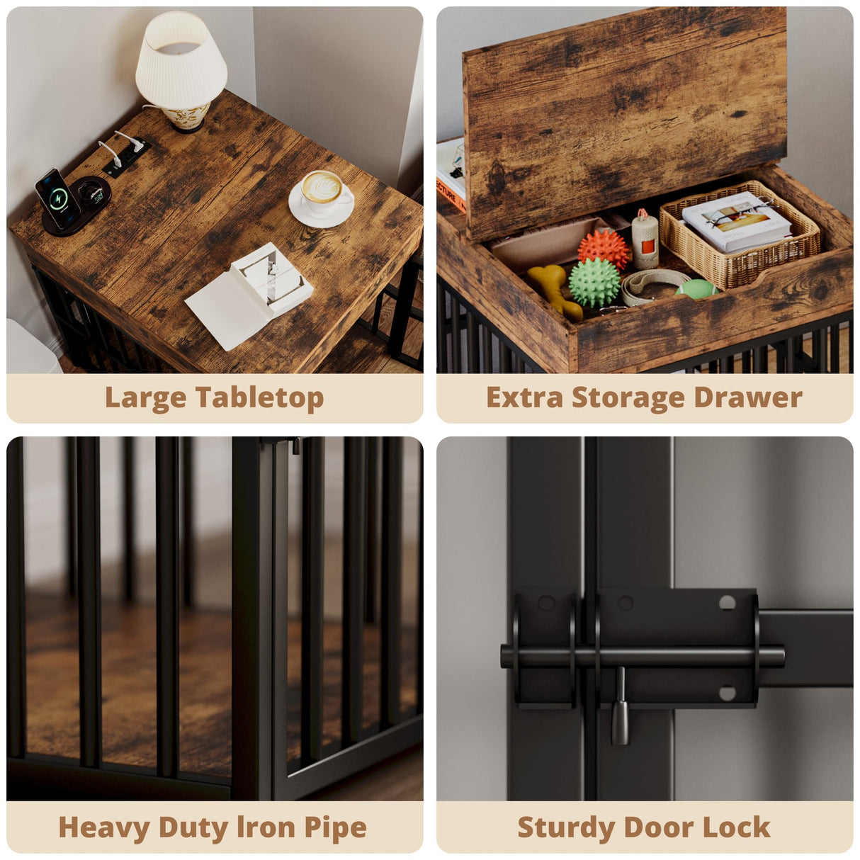 IRONCK Dog Crate Furniture for Small Dogs, Wooden Dog Kennel with Flip Top Drawer, Indoor Pet Crate End Table with Charging Station, Steel-Tube Dog Cage, Rustic Brown IRONCK