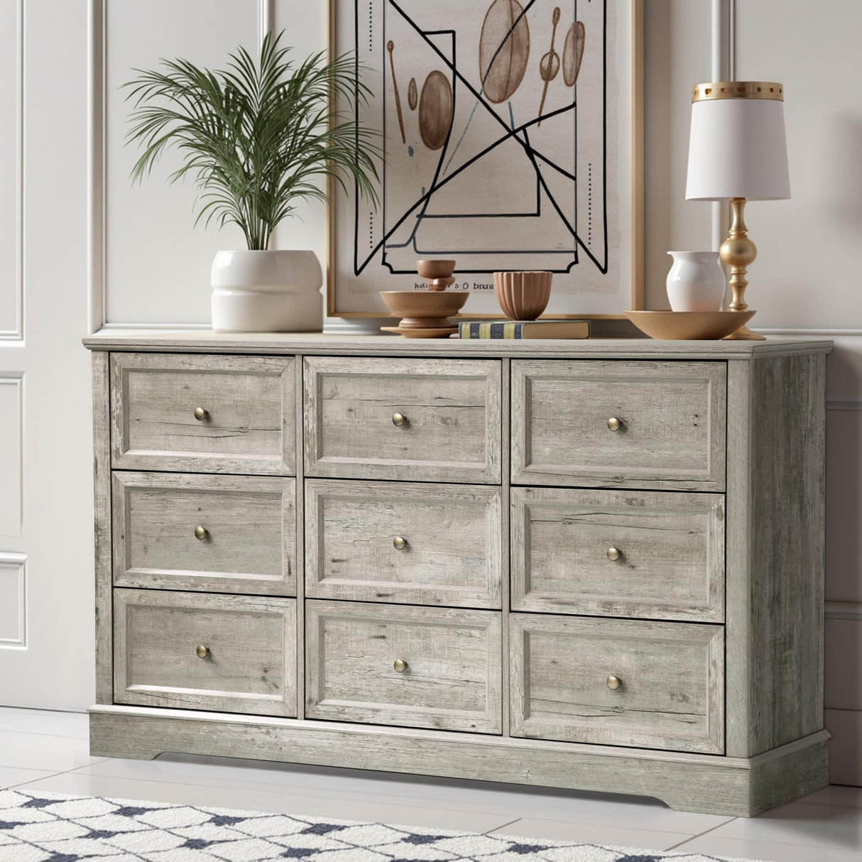LOUVIXA Farmhouse Dresser 9 Drawer, Bedroom Chest of Drawers, Dressers with 9 Drawers, Wooden Dressers for Bedroom, Living Room, Tv Stand, Entryway (Grey-9 Drawers) LOUVIXA