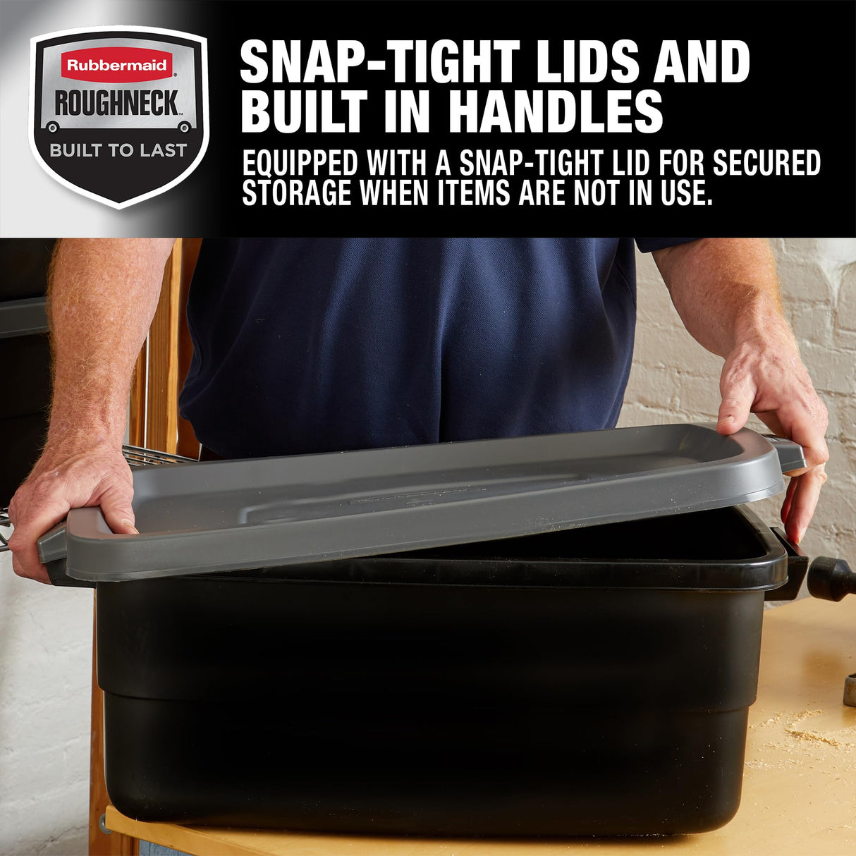 Rubbermaid 6-Pack Totes for Storage with Lids, Heavy Duty Plastic Storage Bins with Lids, Black Gray, 10 GAL - Stackable for Garage, Attic, Camping (10 GAL - 6 Pack Solid Black and Grey) Rubbermaid