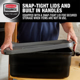 Rubbermaid 6-Pack Totes for Storage with Lids, Heavy Duty Plastic Storage Bins with Lids, Black Gray, 10 GAL - Stackable for Garage, Attic, Camping (10 GAL - 6 Pack Solid Black and Grey) Rubbermaid