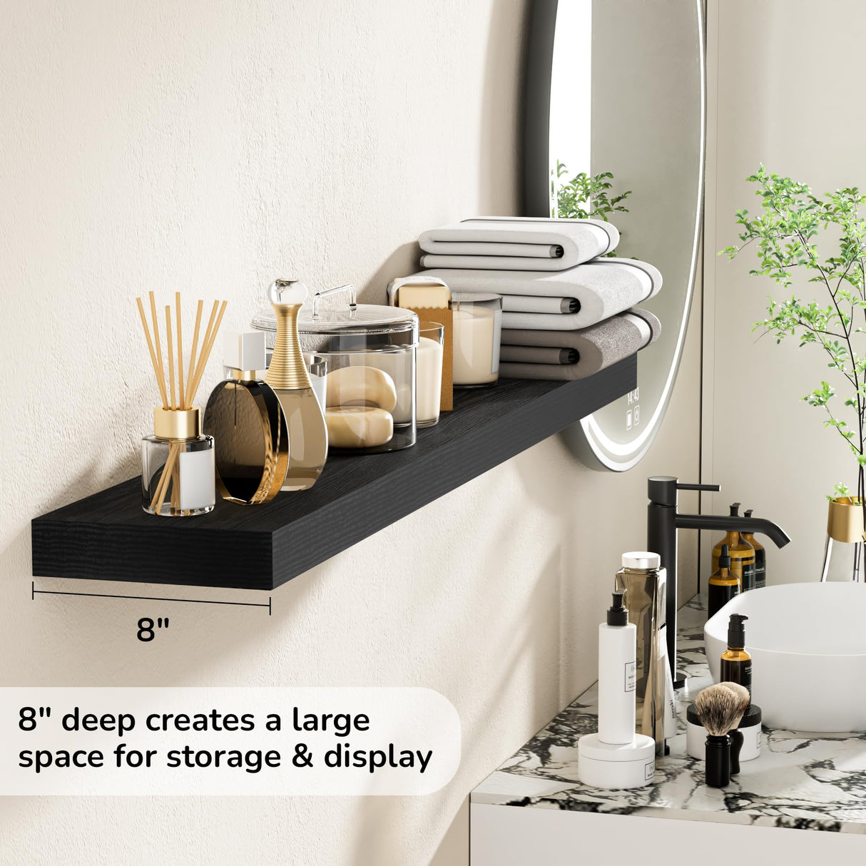 Fun Memories 48 Inch Floating Shelves - Fireplace Mantel Shelf - Deep Wall Mounted Wood Storage Shelf for Bedroom, Kitchen, Farmhouse - 1 Pack, Rustic Black Fun Memories