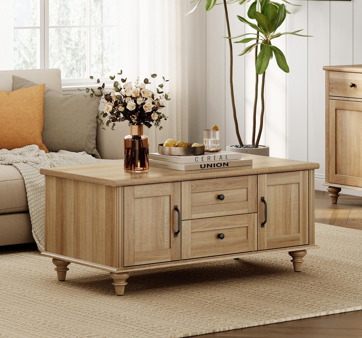 WAMPAT Farmhouse Coffee Table with Storage Cabinet, Wooden Coffee Tables for Living Room, Rustic Tea Table Rectangle Center Table with Drawers for Home, Oak WAMPAT