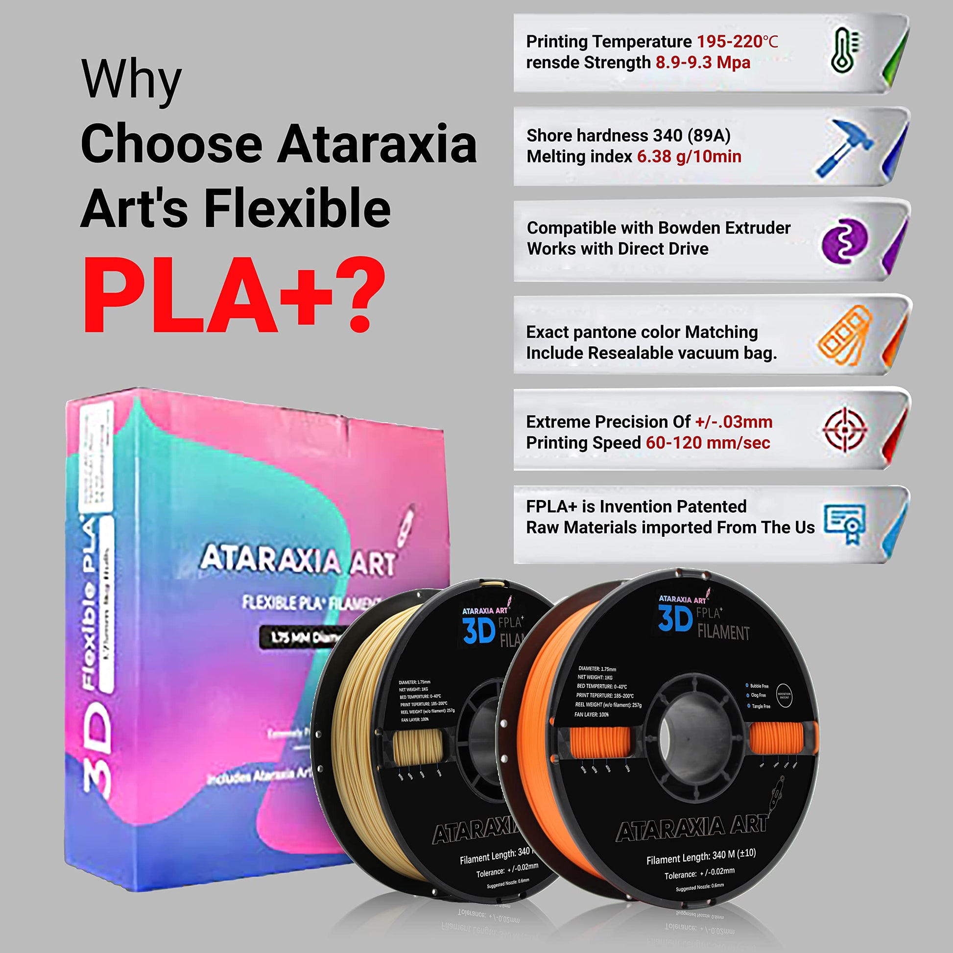 ATARAXIA ART Flexible PLA Filament 1.75mm, 3D Printer Filaments 1Kg/2.2lb Spool, Easy Than TPU Extruder,89A Shore Hardness,Patent Formula, Accuracy +/-.03mm, with Filament Storage Bags, FPLA  - WoodArtSupply