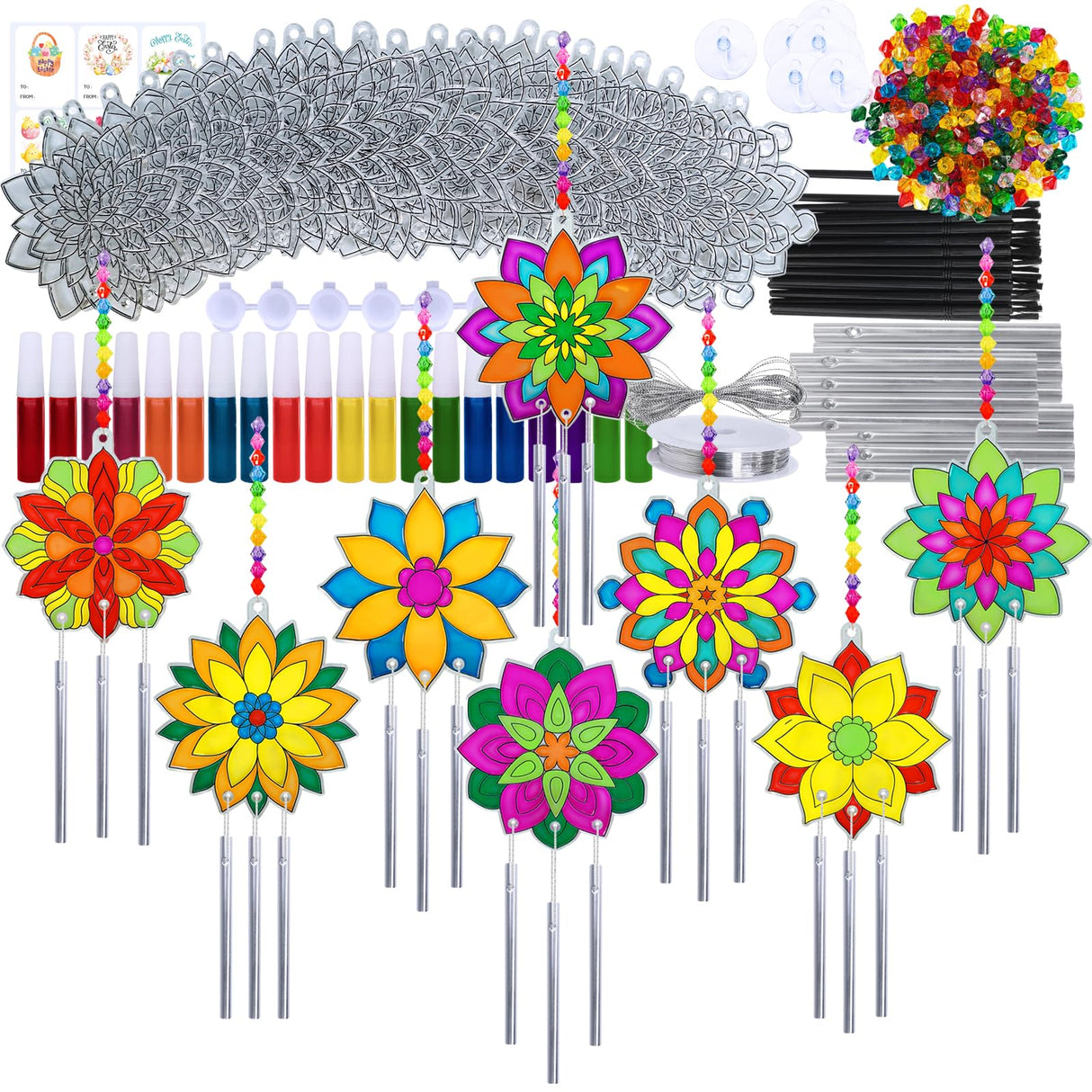 Winlyn 24 Sets Lotus Flower Suncatcher Wind Chimes Decorations DIY Window Paint Art Stickers Craft Kits Flower Sun Catchers for Kids Classroom Birthday Spring Summer Party Activities Art Project Winlyn
