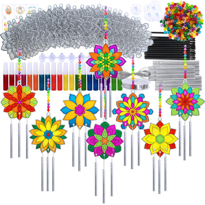 Winlyn 24 Sets Lotus Flower Suncatcher Wind Chimes Decorations DIY Window Paint Art Stickers Craft Kits Flower Sun Catchers for Kids Classroom Birthday Spring Summer Party Activities Art Project