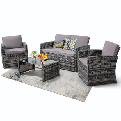 KROFEM 4 Pieces Patio Conversation Set, Outside Rattan Sectional Sofa, Cushioned Furniture Set, Wicker Sofa Ideal for Garden, Porch, Backyard, Grey Color Rattan and Light Grey Cushion - WoodArtSupply