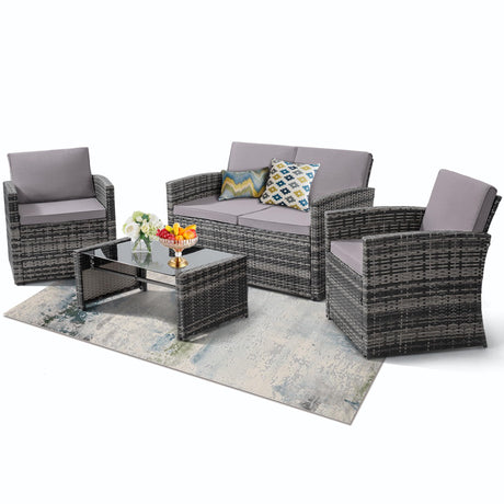 KROFEM 4 Pieces Patio Conversation Set, Outside Rattan Sectional Sofa, Cushioned Furniture Set, Wicker Sofa Ideal for Garden, Porch, Backyard, Grey Color Rattan and Light Grey Cushion KROFEM