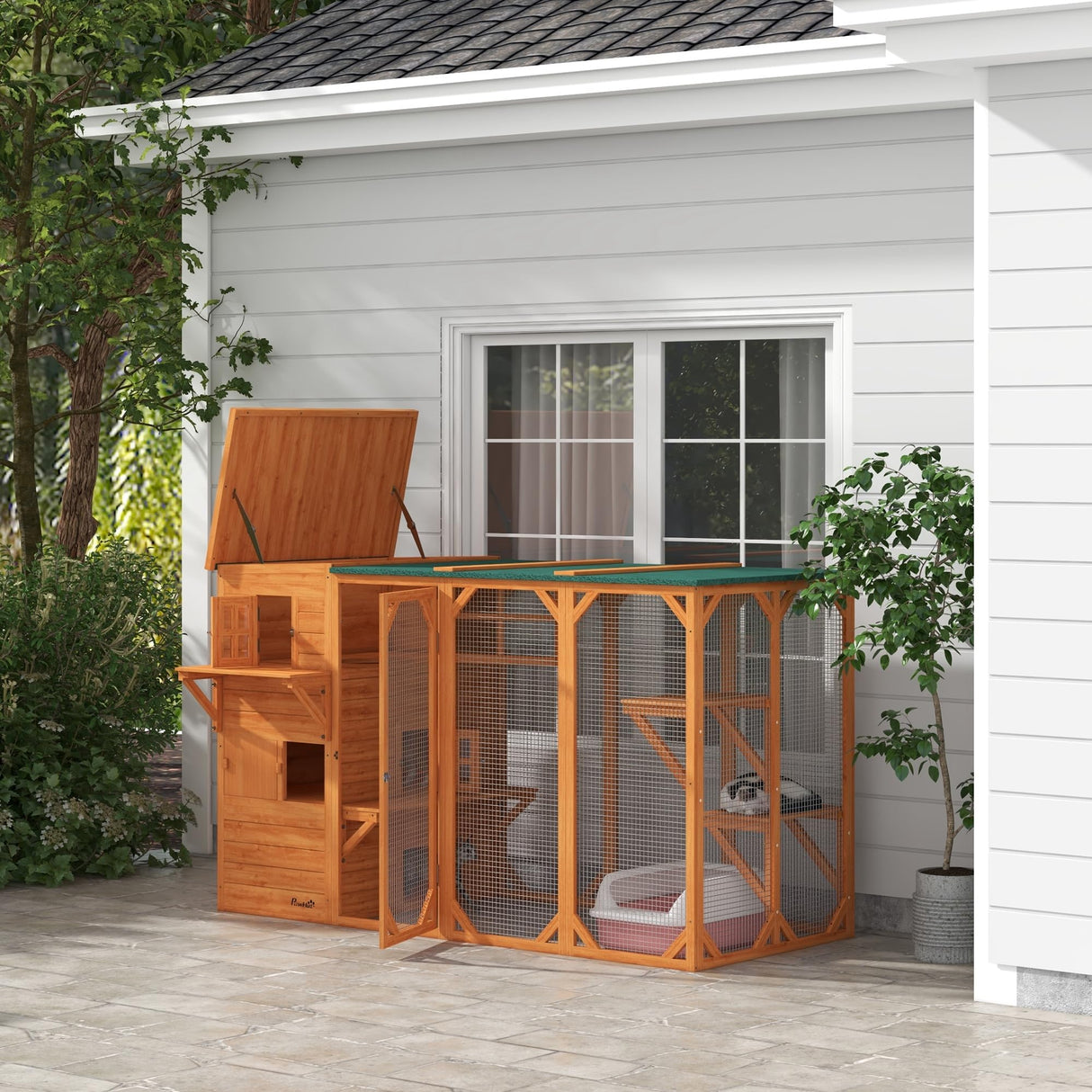 PawHut Outdoor Cat House for 3 Kitties, Multi-Level Design with Big Hiding Areas, Large Catio Cat Enclosure with 2 Stories & Multiple Platforms, Cat Condo for Large Cats, Orange PawHut