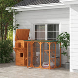 PawHut Outdoor Cat House for 3 Kitties, Multi-Level Design with Big Hiding Areas, Large Catio Cat Enclosure with 2 Stories & Multiple Platforms, Cat Condo for Large Cats, Orange PawHut