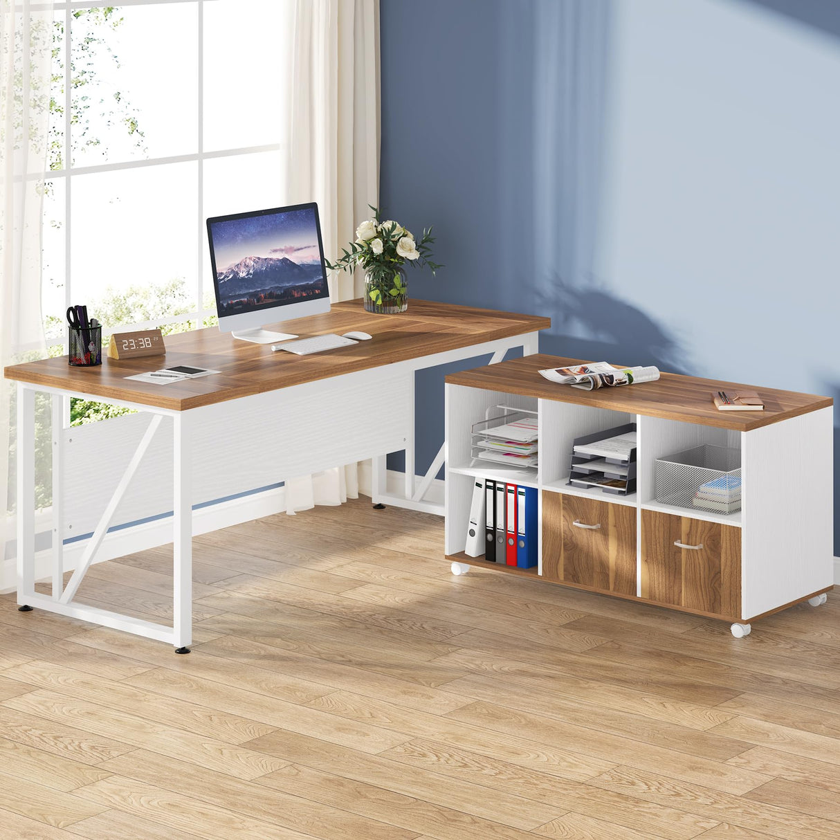 Tribesigns 63-Inch Executive Computer Desk with 47-Inch Lateral File Cabinet, Large Workstation Business Furniture, L Shaped Desk with Drawers and Storage Shelves for Home Office, Walnut & White Tribesigns