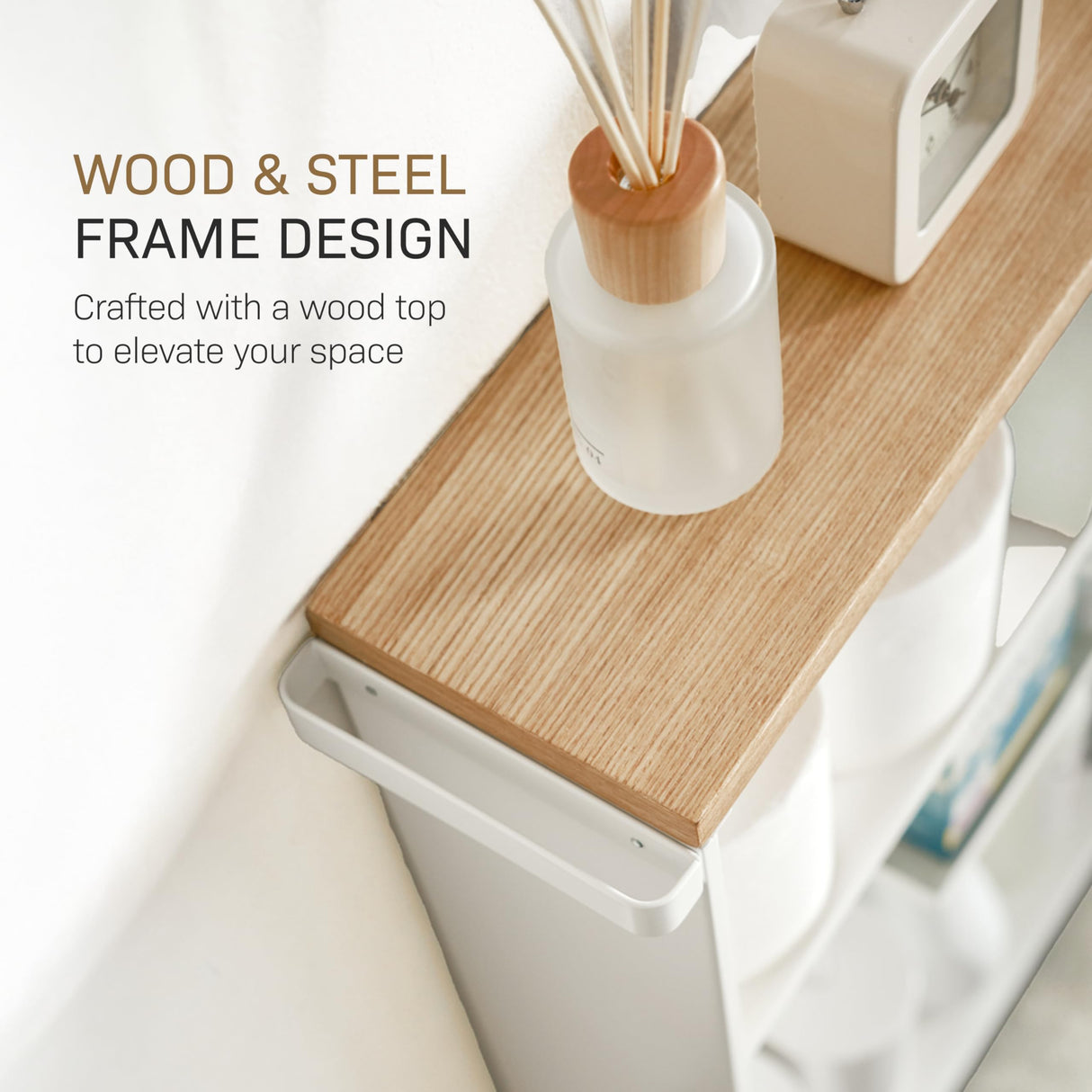 YAMAZAKI Home Slim Rolling Storage Cart – Narrow Bathroom Storage Cabinet with Handle, Slim Bathroom Storage Cart with Wheels, Easy Assembly, Steel + Wood, White YAMAZAKI