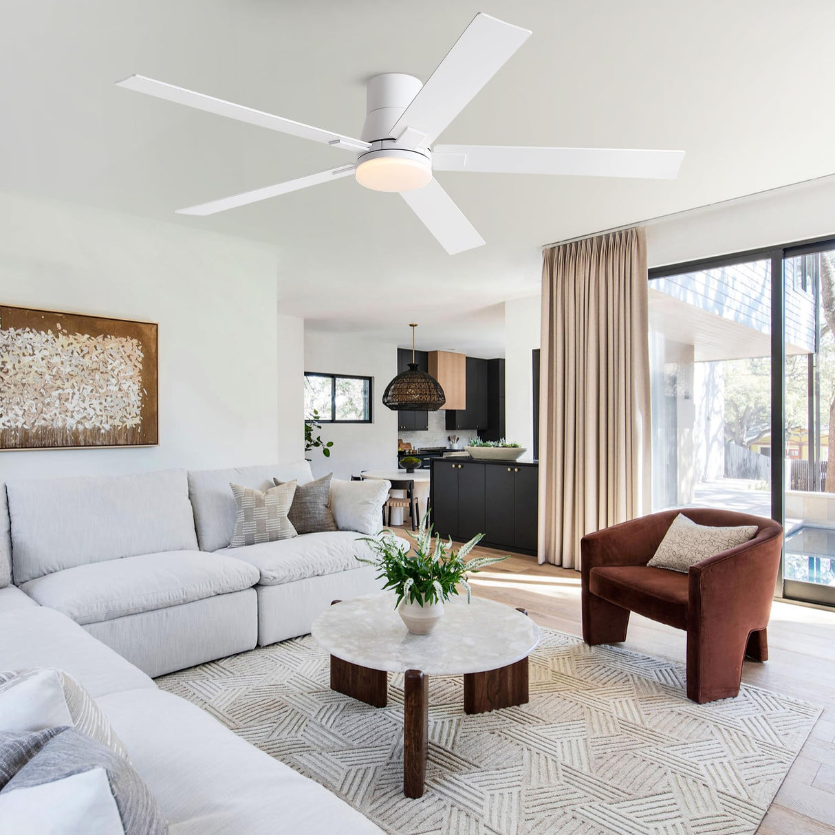 Rayqueen 60 Inch Ceiling Fans with Lights and Remote,Flush Mount White Ceiling Fan with 5 Dual Sided Blades,6 Speed Reversible DC Motor,3CCT Dimmable LED-Low Profile Design for Indoor or Covered Patio Rayqueen