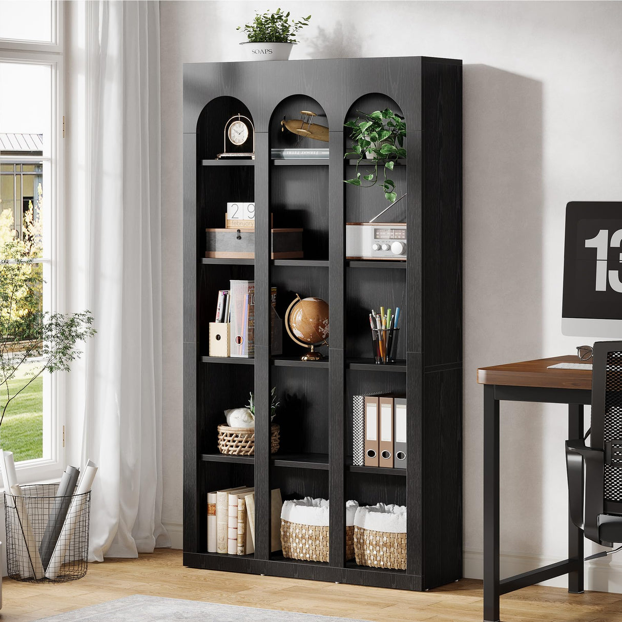 Tribesigns 5-Tier Farmhouse Arched Bookshelf, 70.87-Inch Mid Century Modern Bookcase with Open Shelves, Tall Wood Book Shelf Gothic Display Storage Shelving Unit for Home Office, Black Tribesigns