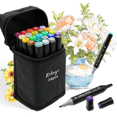 Kebuye Alcohol Based Markers 24 Colors, Drawing Supplies for Adult Coloring Books No Bleeding Dual Tip Art Markers, Coloring Marker for School Sketching Colored Marker Set with Base