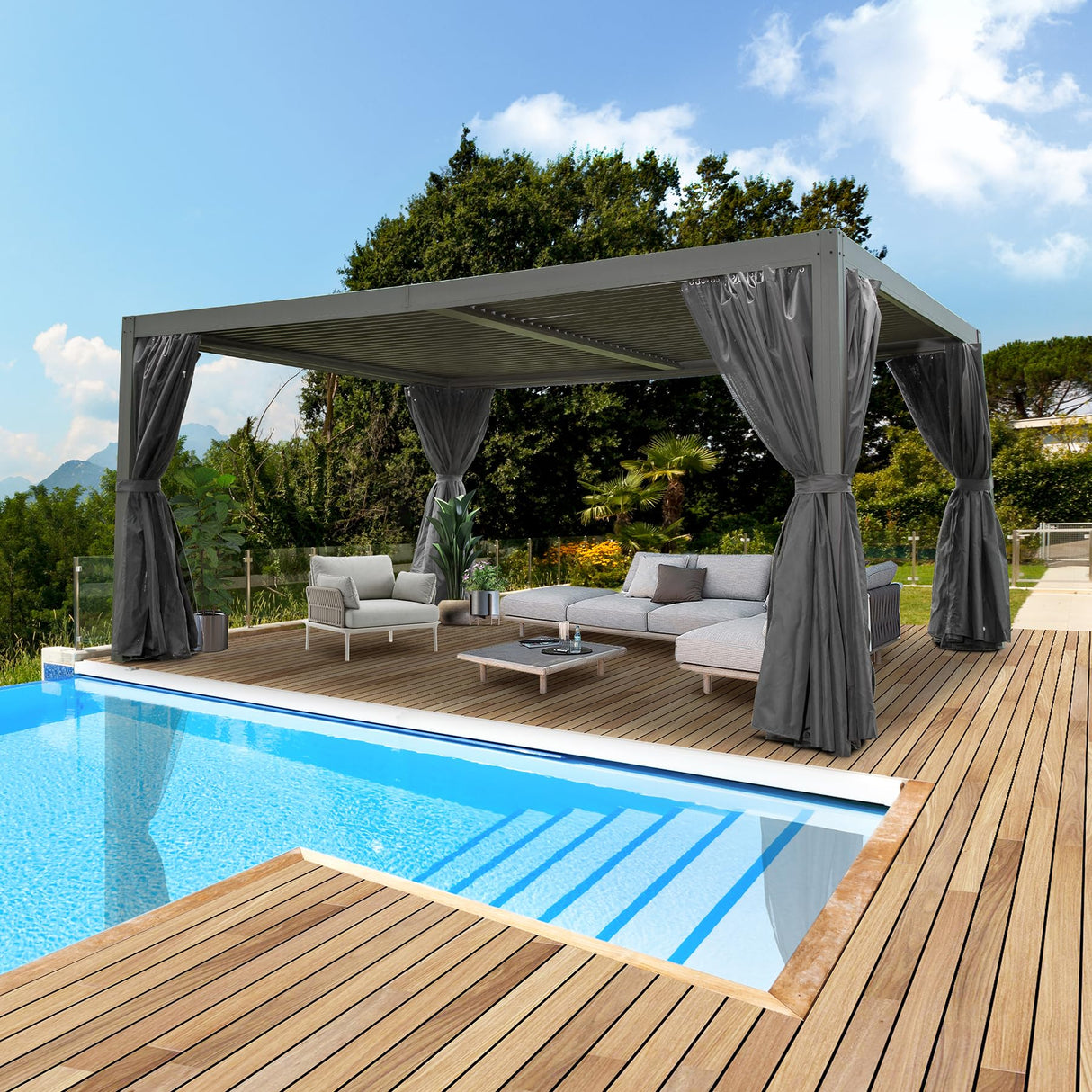 Domi Outdoor Louvered Pergola 12x16FT All Aluminum Structure,Patio Rainproof Pergola with Two Independently Adjustable Roof for Backyard Garden w/Curtains and Netting - Dark Gray domi outdoor living