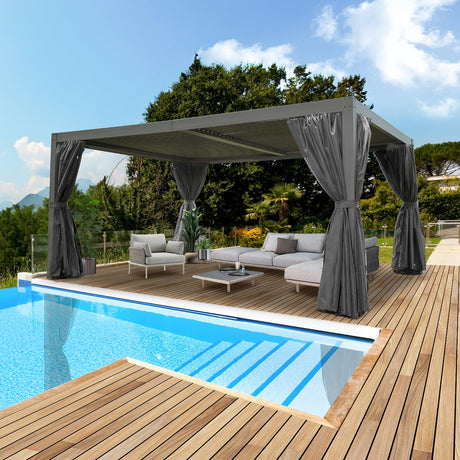 Domi Outdoor Louvered Pergola 12x16FT All Aluminum Structure,Patio Rainproof Pergola with Two Independently Adjustable Roof for Backyard Garden w/Curtains and Netting - Dark Gray domi outdoor living
