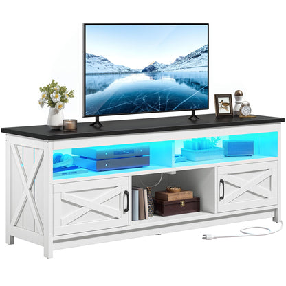 YITAHOME Farmhouse TV Stand for 75 Inch Television Stand, LED Entertainment Center with Power Outlets and Open Shelf, Rustic Media Console TV Cabinet for Living Room, White/Black