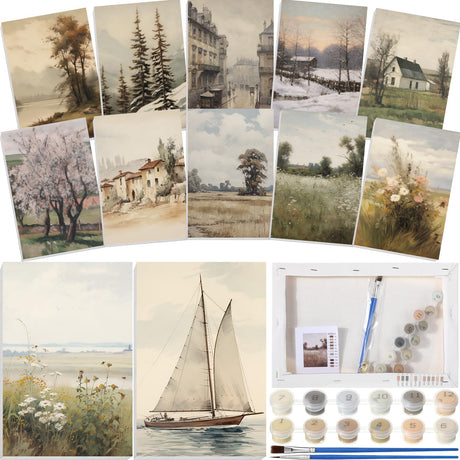 Nezyo 12 Sets Paint by Numbers 8 x 12 Inch for Adults Beginner with Wooden Frames Canvas DIY Acrylic Painting Kit Art Gift for Painting Party Sip and Paint Events for Home Decor(Vintage Countryside) Nezyo