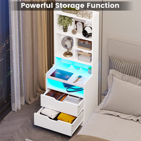 BTHFST Modern LED Tall Nightstand with Charging Station and Bookshelf in White BTHFST
