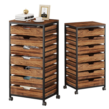 Tribesigns 7 Drawer Chest, Wood Storage Dresser Cabinet with Wheels, Industrial Storage Drawer Organizer Cart for Office Bedroom Entryway (Rustic Brown, 2 PC) Tribesigns
