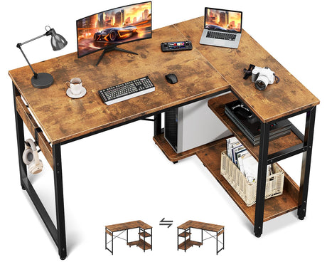 Casaottima L Shaped Computer Desk, 40 Inch Small Corner Desk with Storage Shelves & PC Stand, Reversible Gaming Desk for Bedroom, Modern Writing Study Table for Home Office, Vintage Casaottima