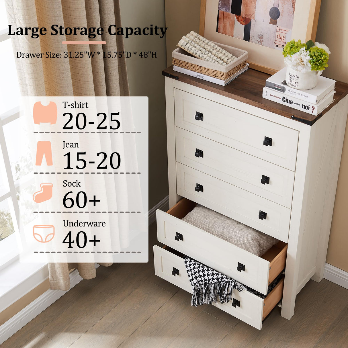 RedLemon Farmhouse 5 Drawer Dresser, 48" Tall Rustic Chest of Drawers, Wood Dresser for Bedroom, Living Room, Hallway, Antique White RedLemon