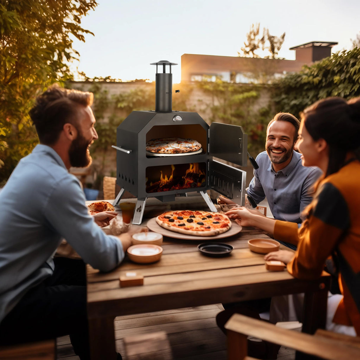 12’’ Outdoor Pizza Oven Wood Fired Pizza Oven Portable Patio Ovens Included Pizza Stone, Pizza Peel, Fold-up Legs, Cover Cooking Rack for Camping Backyard BBQ Polar Aurora